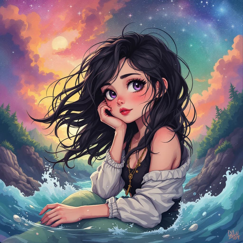 AI generated: Anime style or cartoon may e surreal A 36 year who is a gemini, mom, freelancer, chaos witch, crafte...