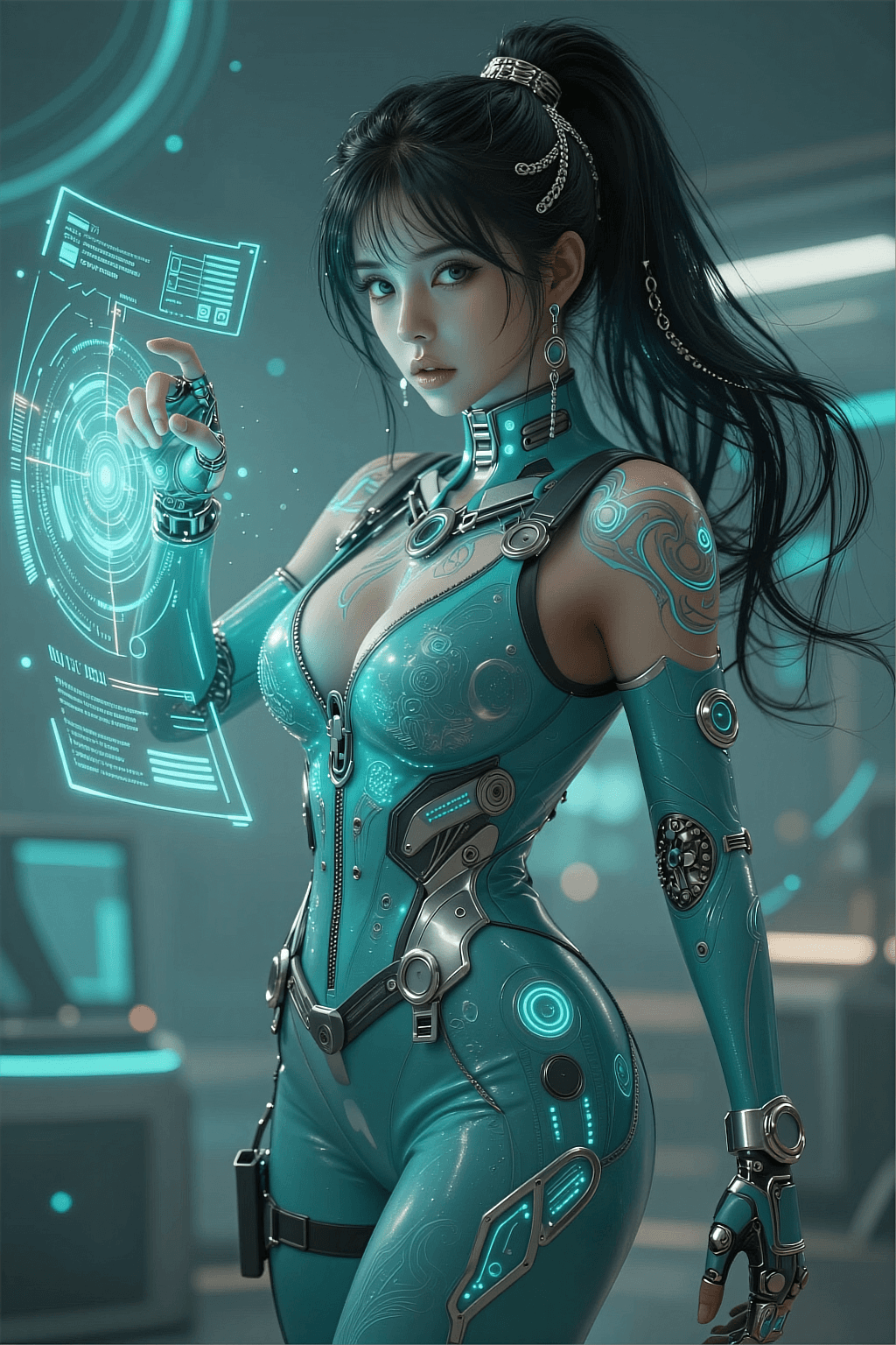 AI generated: An ultra-realistic, full-body action shot of a captivating teal engineer, exuding innovation and tec...