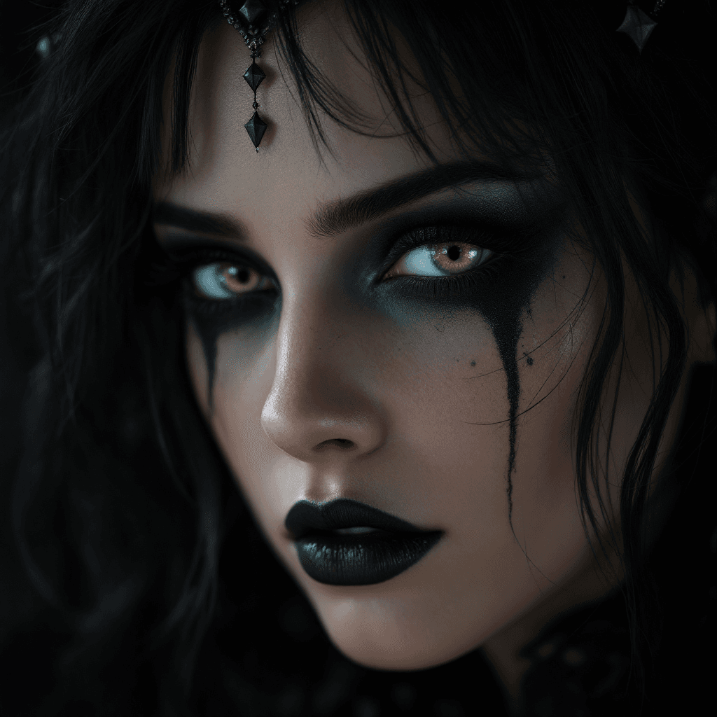 AI generated: a woman with green eyes, black goth makeup, in the style of realism with fantasy elements, daz3d, fi...