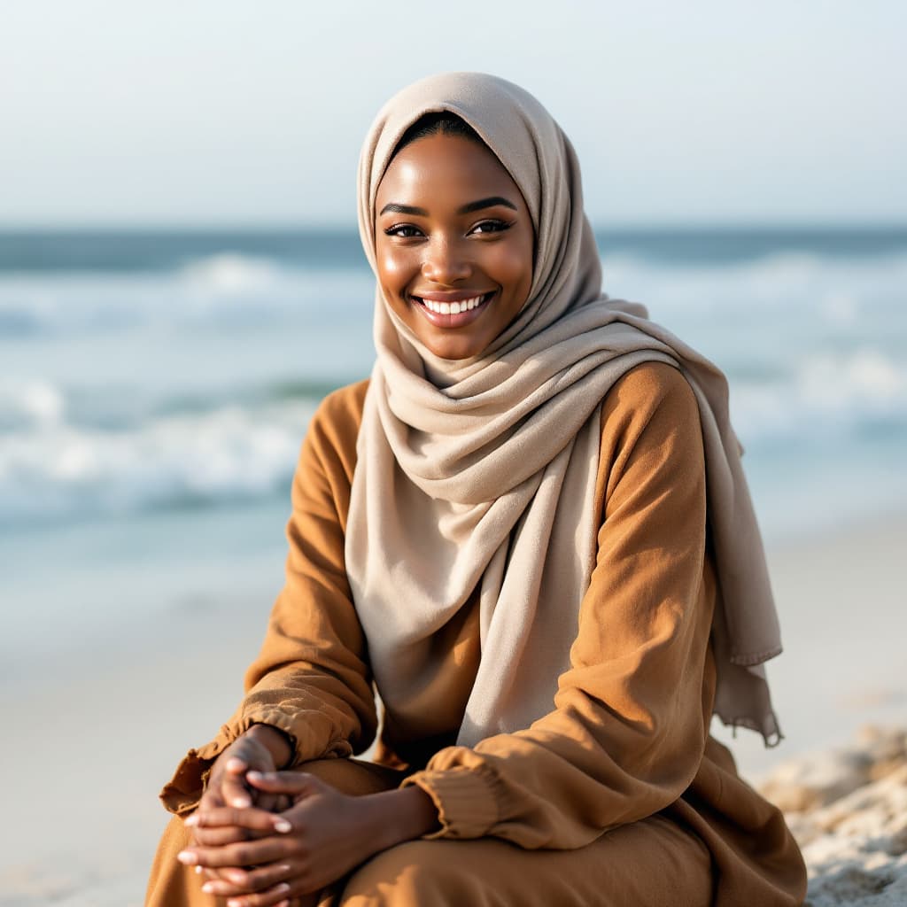 AI generated: black beautiful women in sitting in front of beach and smiling in full clothes wearing hijab