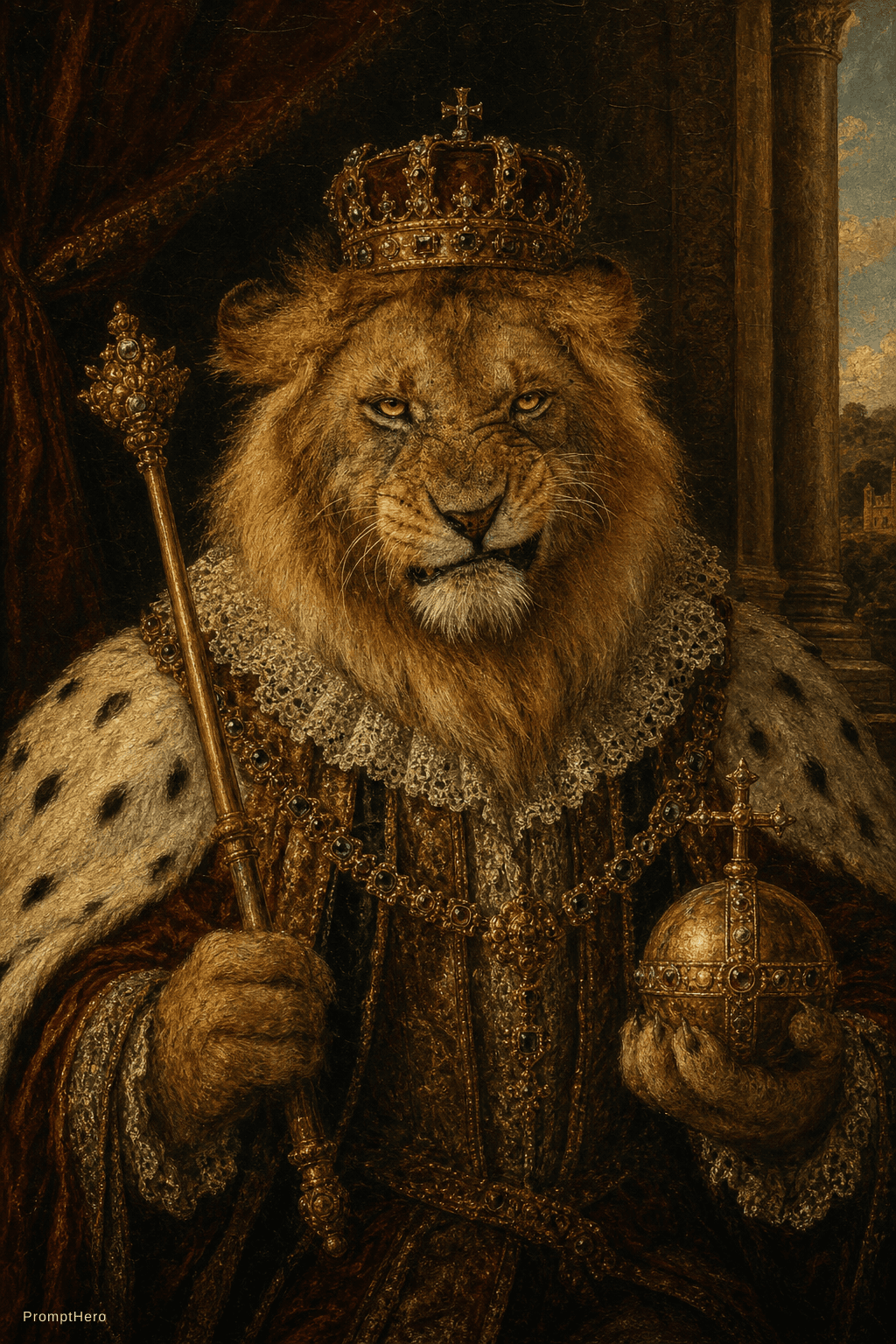 AI generated: A grand formal oil painting portrait in the style of Elizabethan with jewelled crown, fur-trimmed ro...