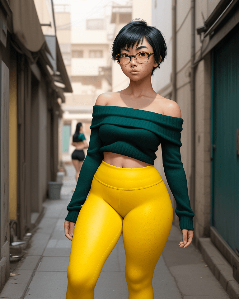 AI generated: Asian girl that is full-busted, tan, thick eyebrows, hazel eyes, yellow glasses, dynamic pose, freck...