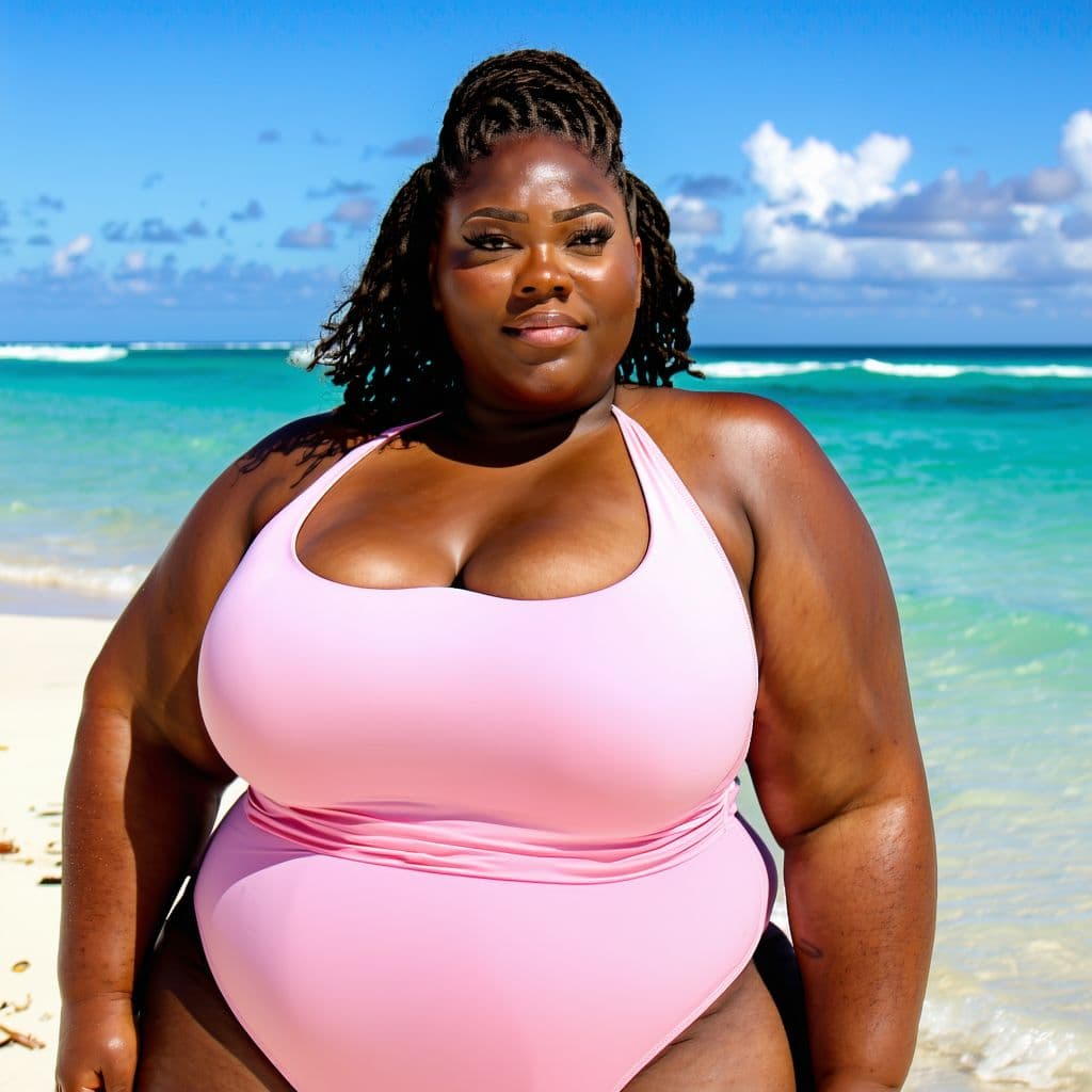 AI generated: Curvy plus-size ebony in a bathing suit at the beach.