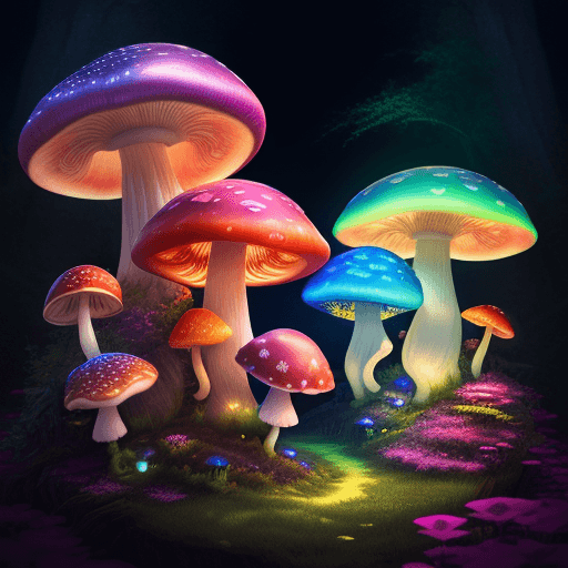 AI generated: High resolution fantasy photography of a lumiessence mushroom landscape, lumiessence colorfull magic...
