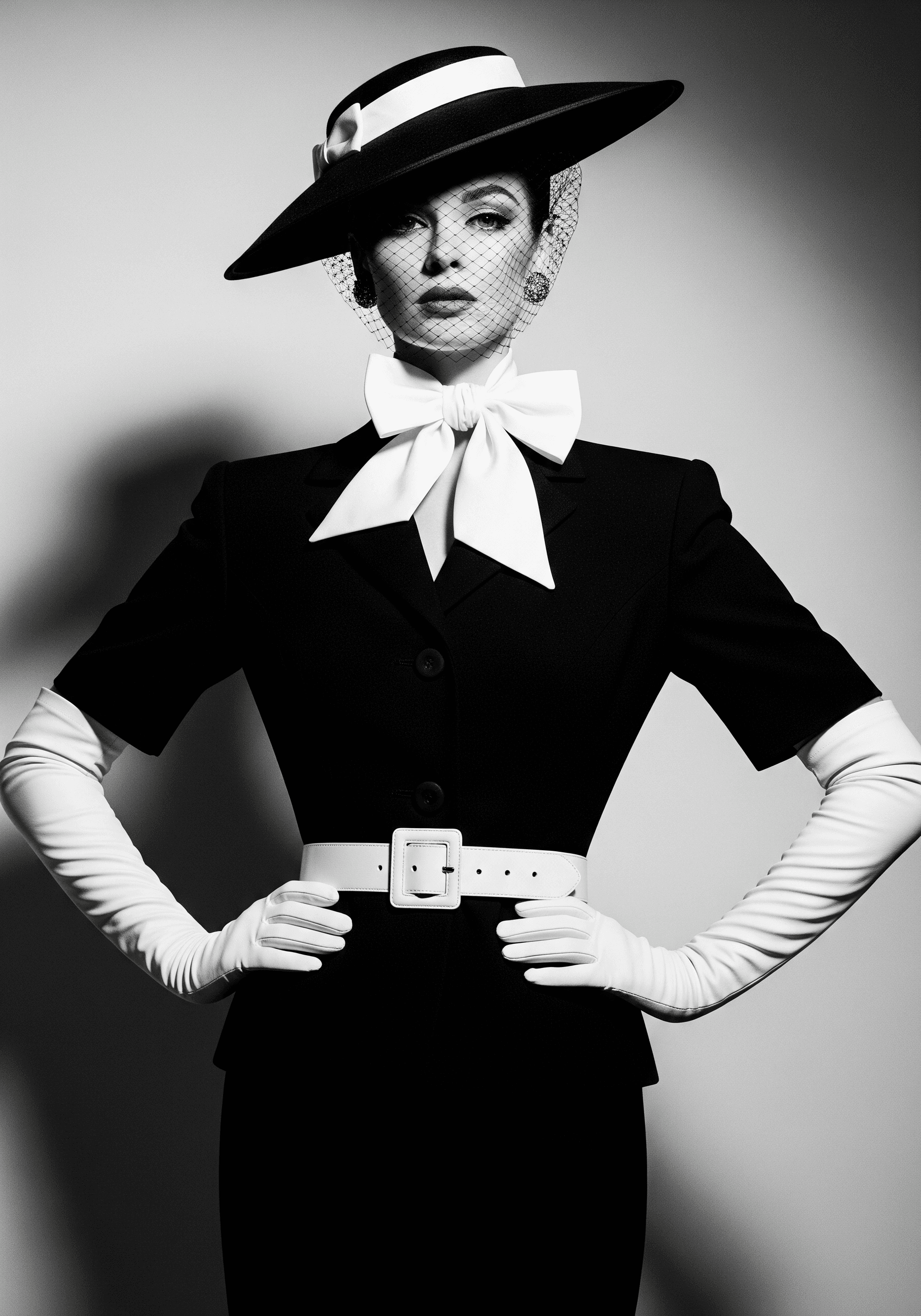 AI generated: A striking black and white portrait of a woman in high-fashion vintage style, wearing a wide-brimmed...
