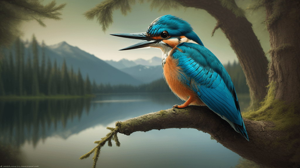 AI generated: Masterpiece, best quality, (a beautiful kingfisher:1.1) (sits on a spruce branch:1.1), (taiga and a ...