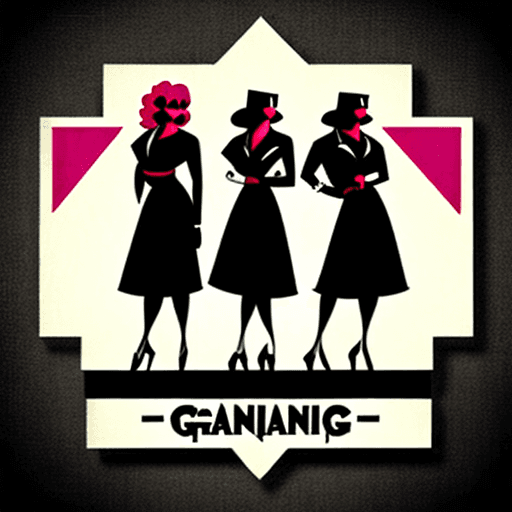 AI generated: Film noir style logo of female gangsters standing in front of a tall building. menacing. film noir. ...
