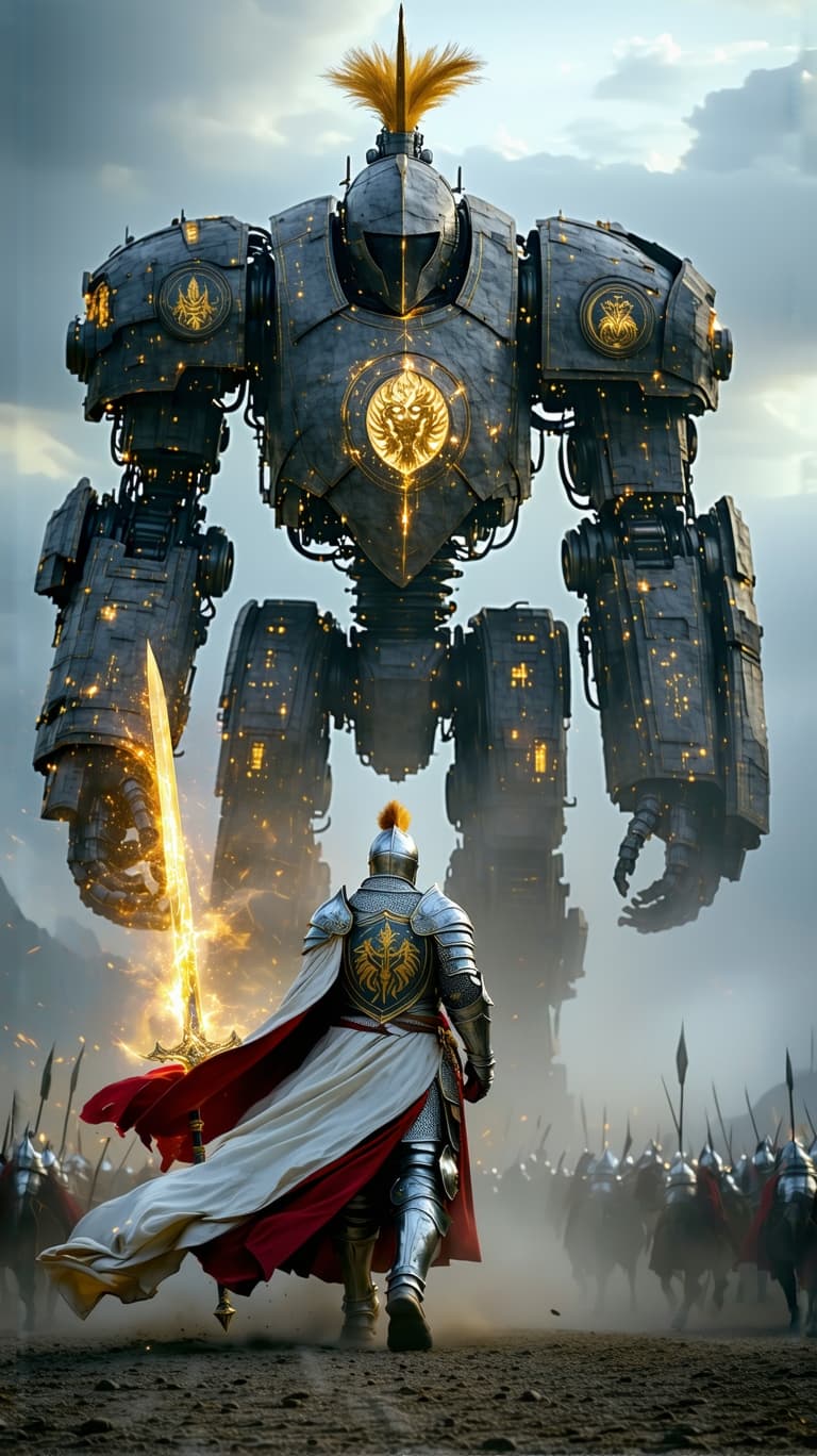 AI generated: An ultra-realistic, zoomed out, front facing, full-body portrait of a noble Paladin in gleaming silv...