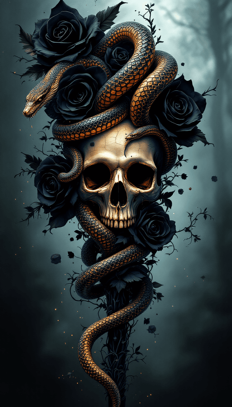 AI generated: a magic stick made of mystical snakes swirling around the stick,skull and black roses, background of...