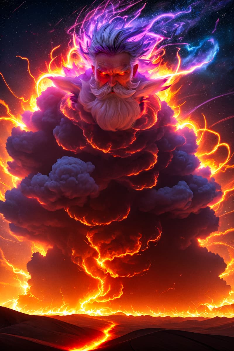 AI generated: An ancient battlemage, exuding power and menace, levitates dynamically above a desert landscape. He'...