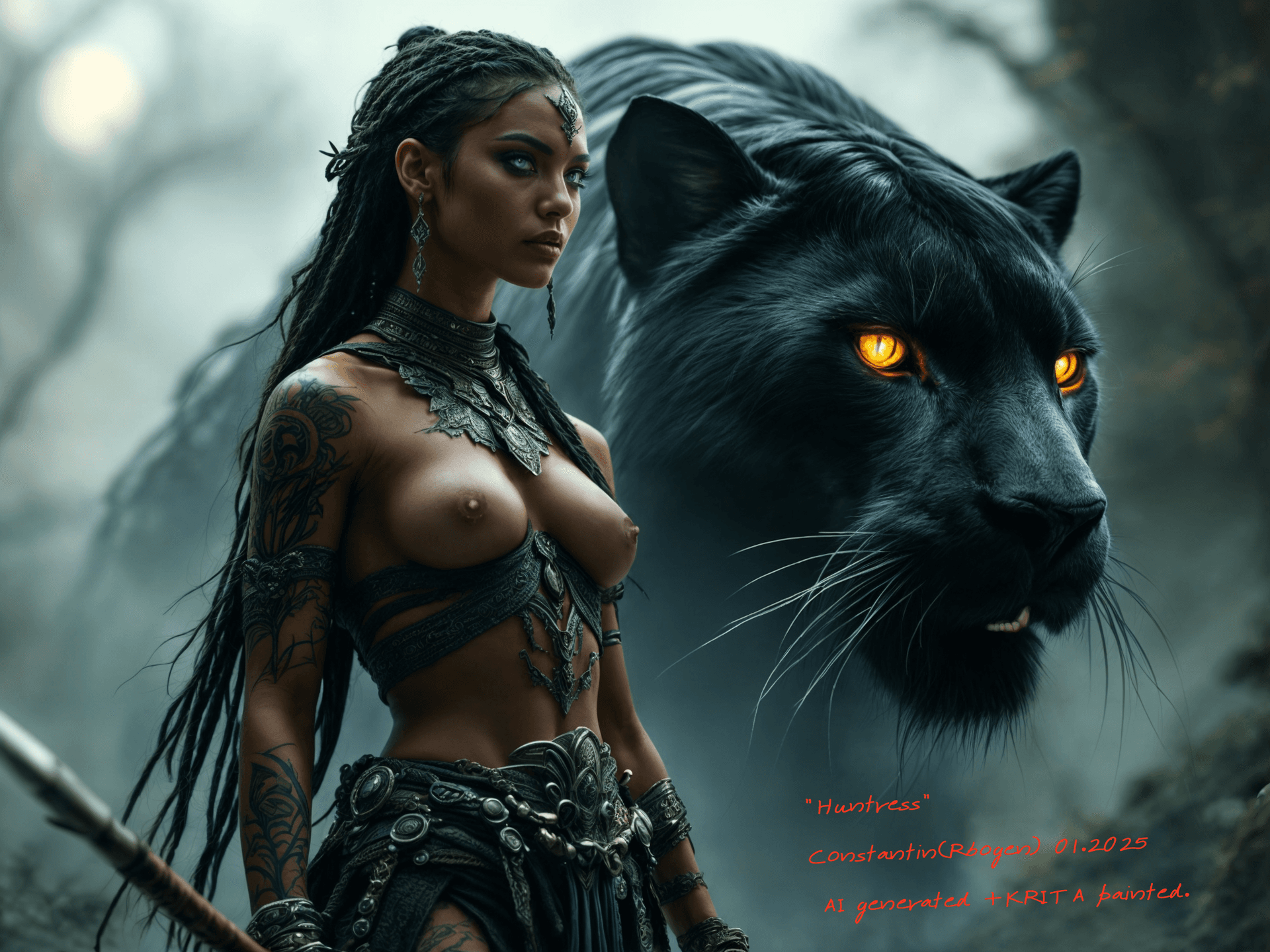 AI generated: ancient female warrior holding a spear, with a semi-transparent head of an enormous black panther in...