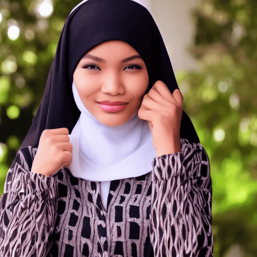 AI generated: Beautiful Indonesian girl with a black hijab on her head, eyes facing the camera, Asian brown skin, ...