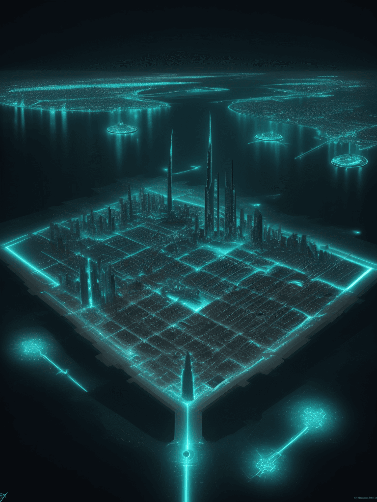 AI generated: bioluminescent futuristic city, birds eye view 