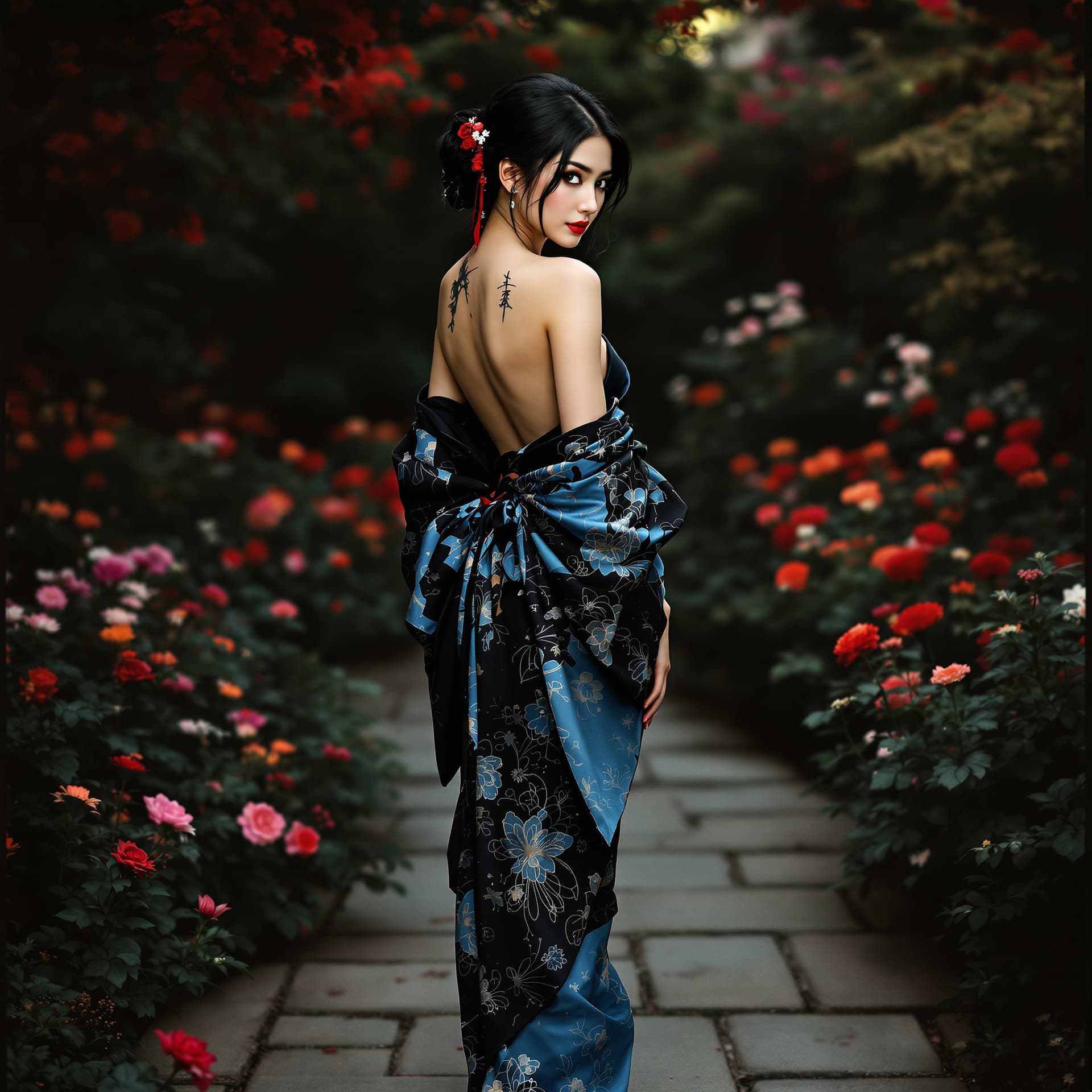 AI generated: Full-length view. A beautiful and stunning Asian woman in a very short blue and black kimono, partia...