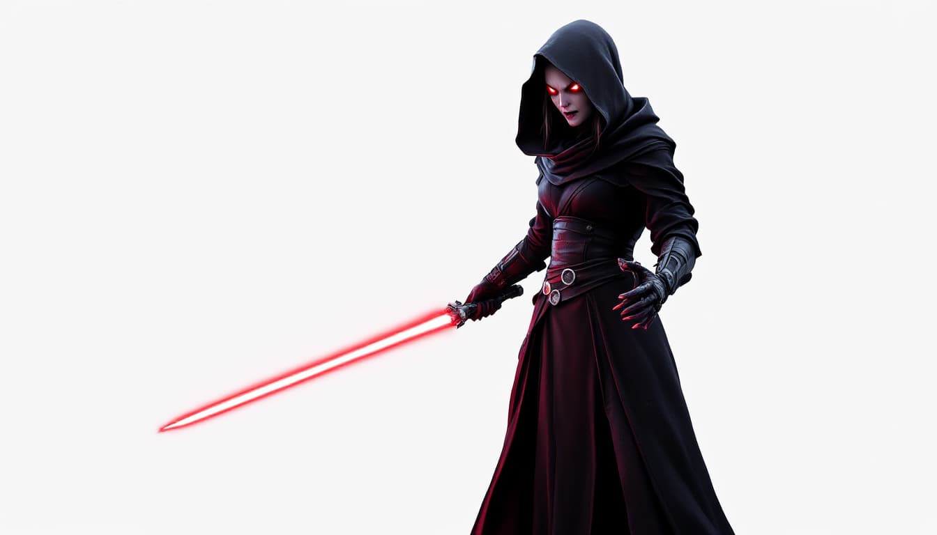 AI generated: Woman, Sith lord, red glowing eyes, she stands ready to attack with a  red light saber in both hands...