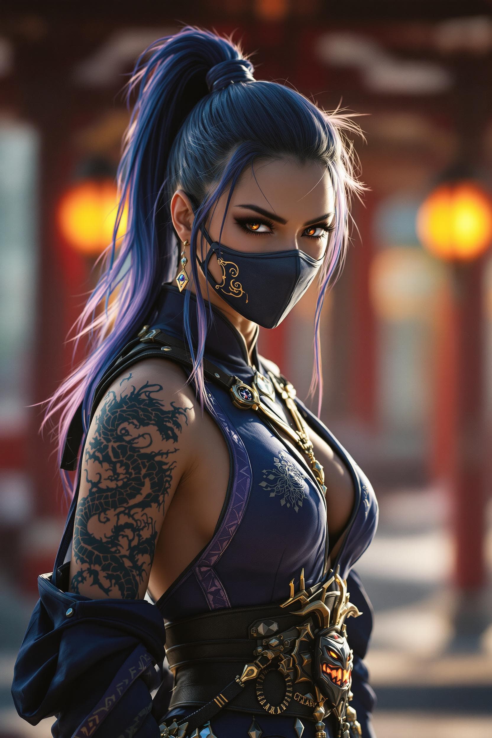 AI generated: A cinematic portrait of a warrior woman inspired by Kitana from Mortal Kombat, her face illuminated ...