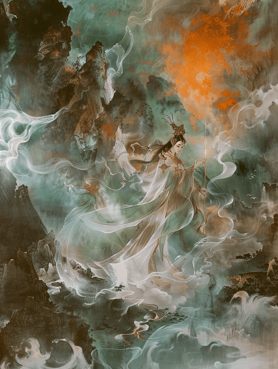 AI generated: Kizil Grottoes murals, paintings, heavy color paintings, mainly white, immortals, fairy clouds, gold...