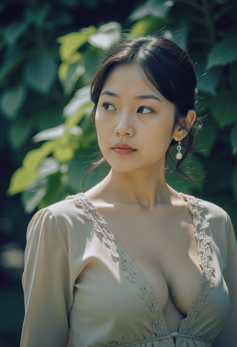 AI generated: An Asian woman with fair skin and dark hair is captured in a moment of quiet contemplation. She stan...