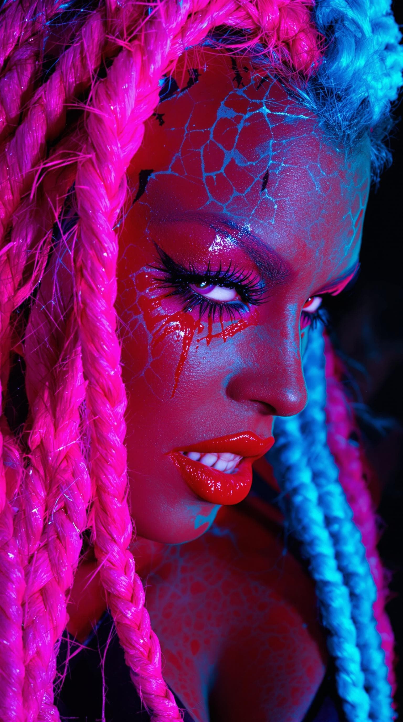 AI generated: demoness, succubus, sexx demon, a portrait of an evil demon woman with blue and pink braided hair, s...