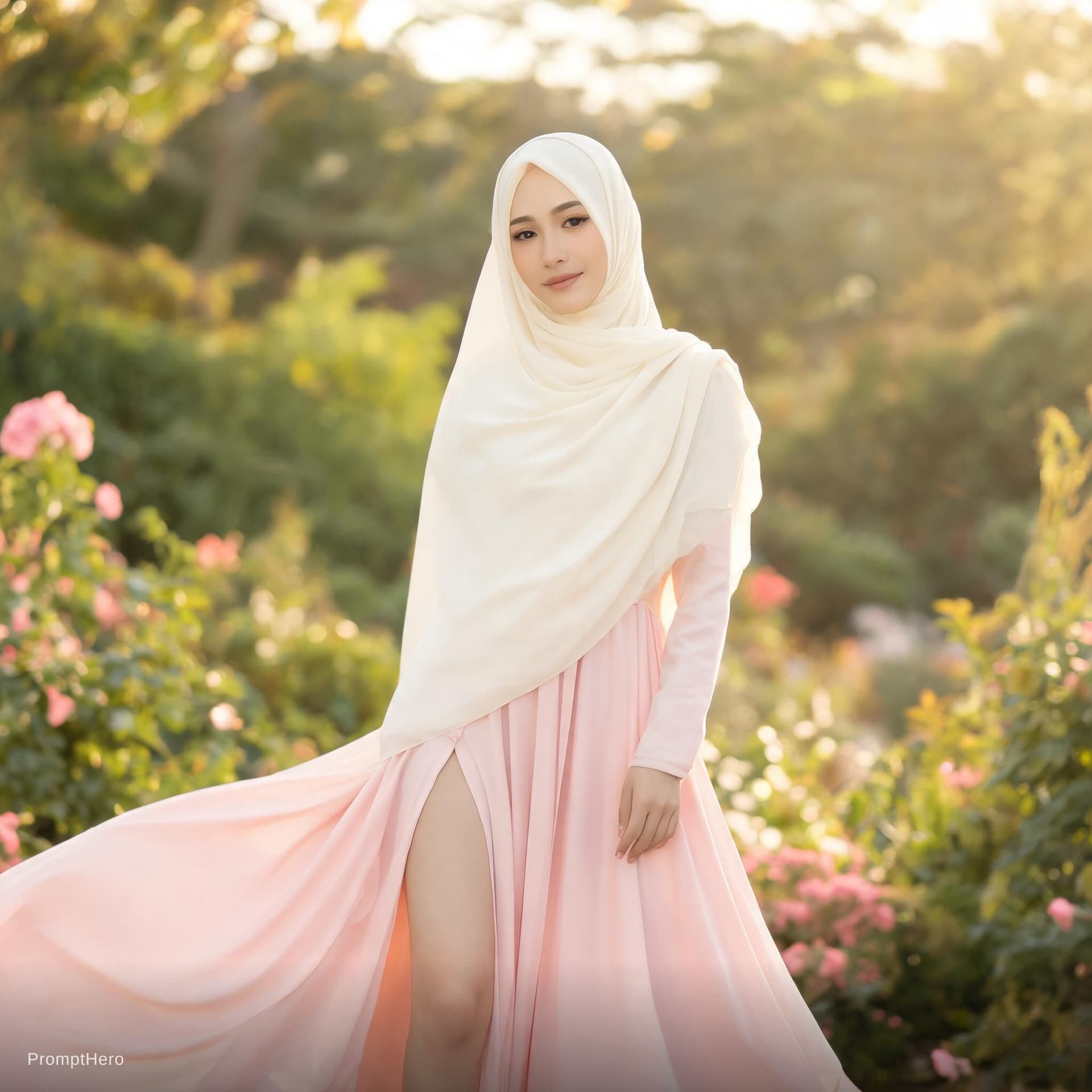 AI generated: Hijab beautiful woman with a long dress with open slit to her waist 