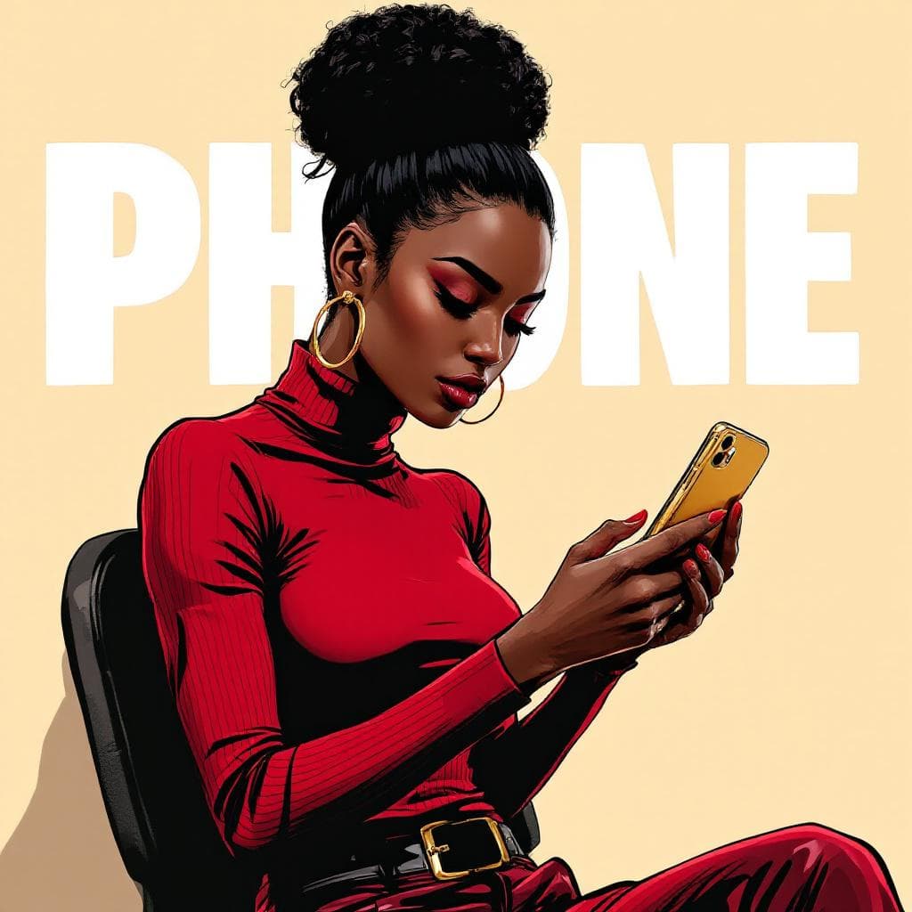 AI generated: Cartoon illustration, comic book cover featuring a gorgeous Afro-American woman, high bun dark hair,...