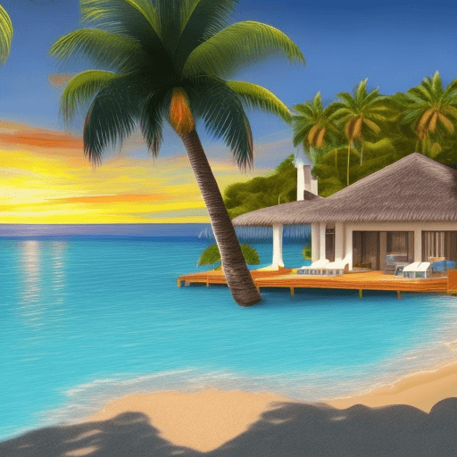 AI generated: a photo of a tropical mansion, on an island, bright blue waters, crystal clear, hyper realistic, sun...