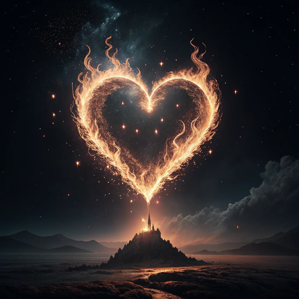 AI generated: a glowing heart made of light and flame floating in darkness, symbolizing love and passion, magical ...