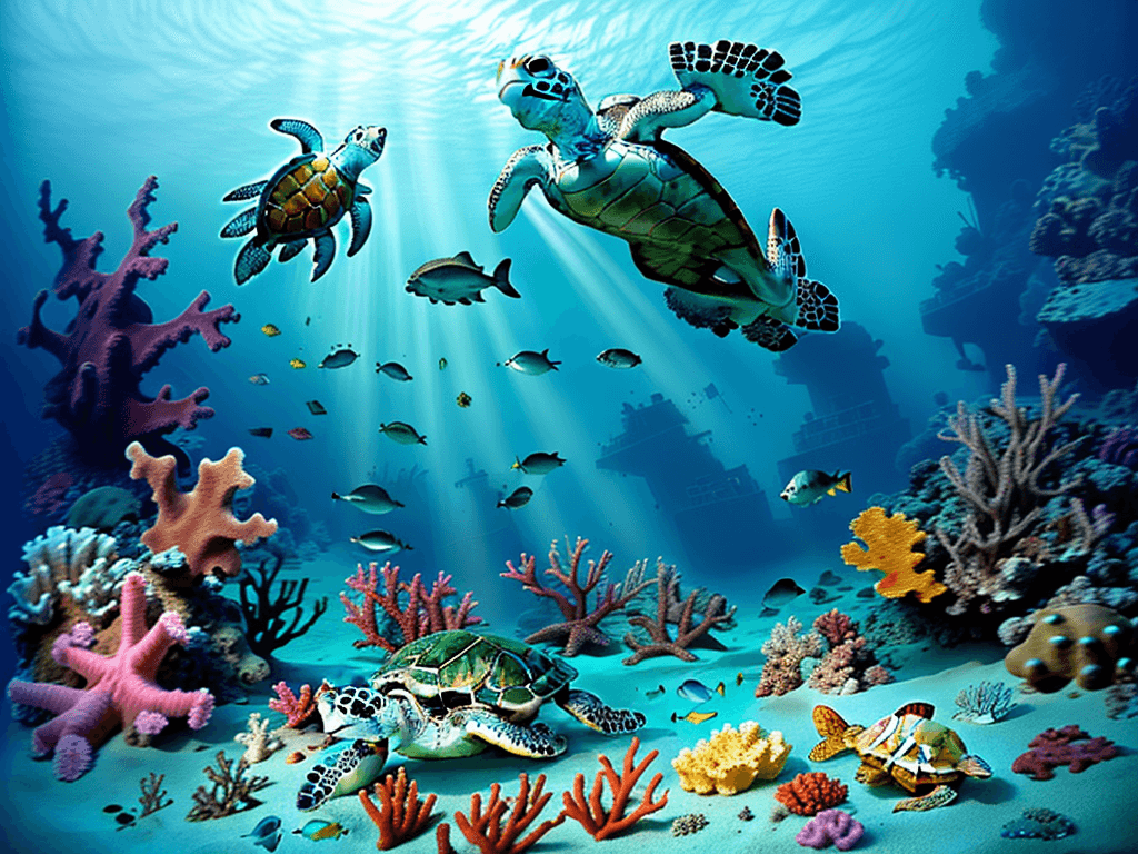 AI generated: Diving photo of caribbean sea, old wreck on the sand, realistic green turtle, flashy fishes, corals,...