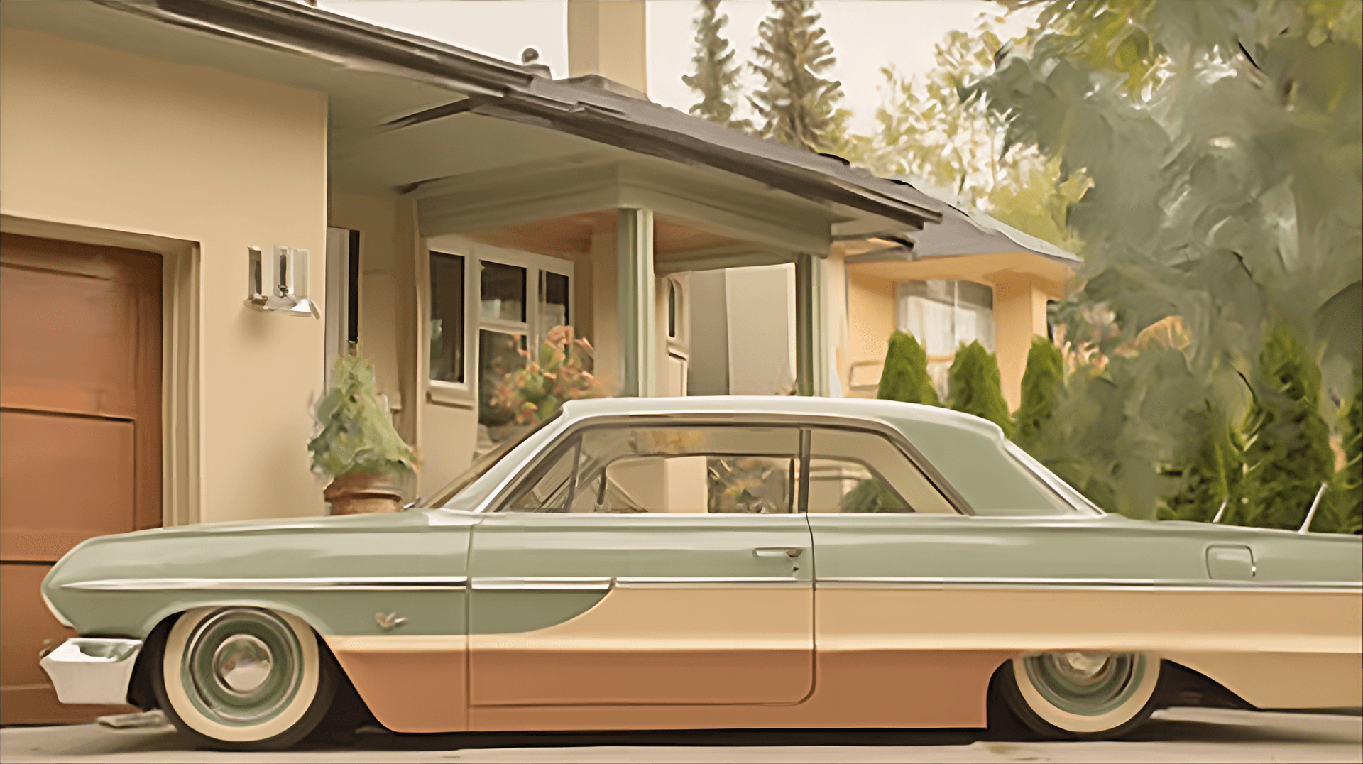 AI generated: custom lowrider style, classic american car with two-tone paint job, lowered suspension, custom whee...