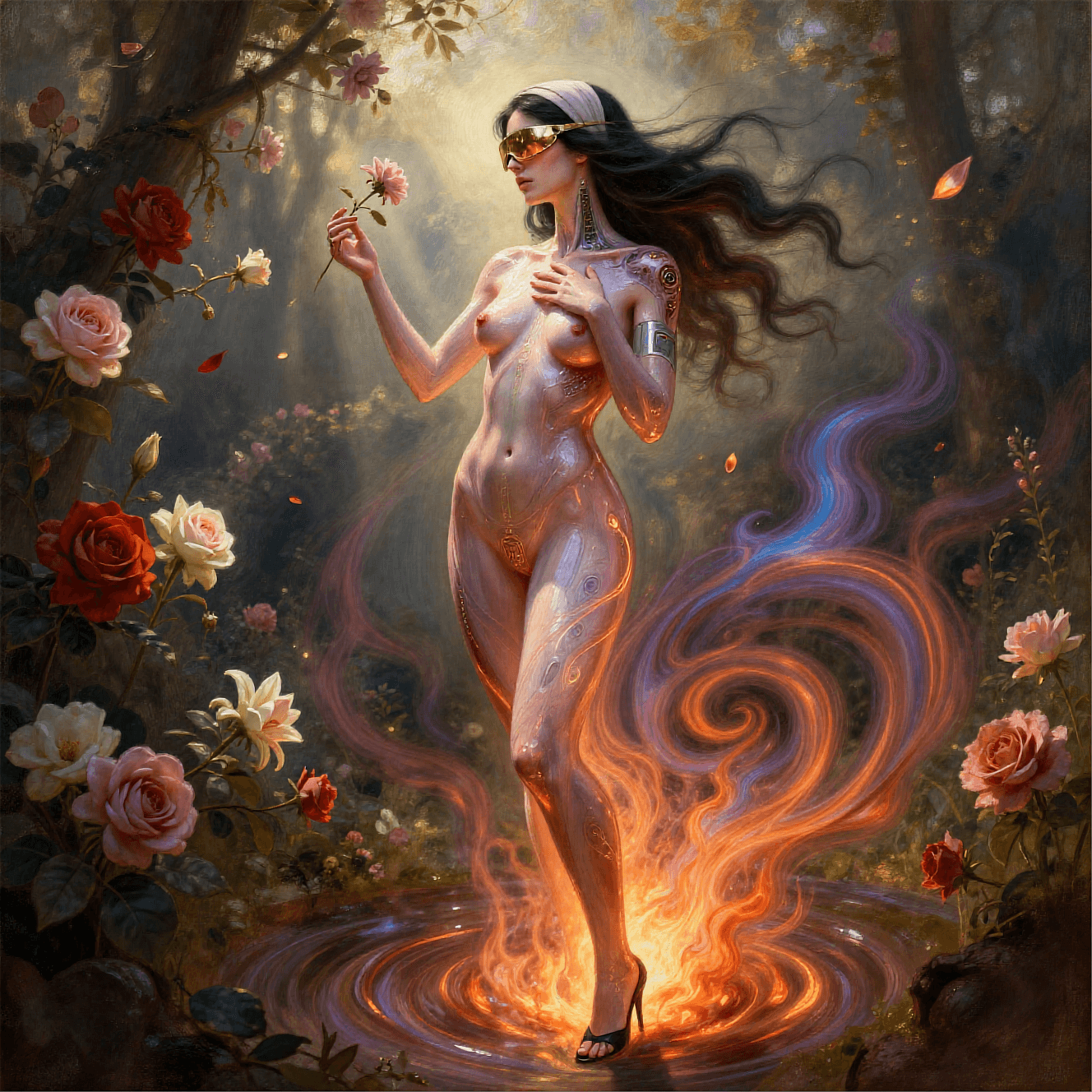 AI generated: Primary Subject: Emotionally Expressive Android Woman with Dual-Layered Skin, Painted in Impressioni...
