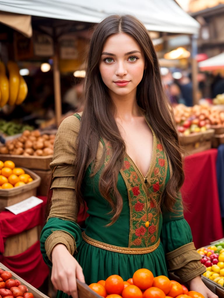 AI generated: A pretty girl in a crowded medieval market, market vendors, upper body, detailed clothes, green eyes...