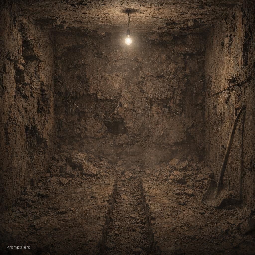 AI generated: abandoned underground room, broken walls, dust, dark lighting, realistic texture, cinematic, 8k, ult...