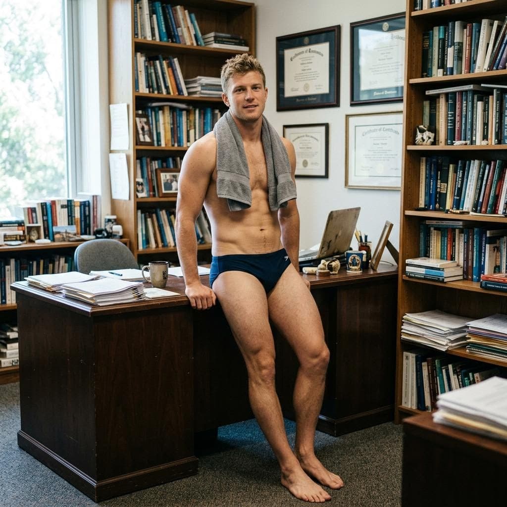AI generated: high-resolution photo, full body portrait, muscular male with blonde hair, wears speedo, standing in...