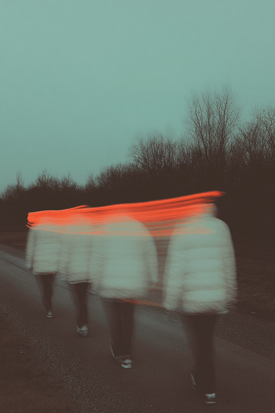 AI generated: blurry image of snowy winter puffer jacket fashion, at night, surreal sky filled of change and wind ...