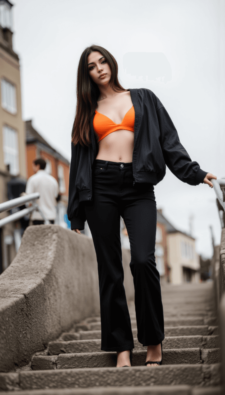 AI generated: fit woman, walking up a flight of stairs, outdoors, cloudy day, holding on to the railing, wearing a...