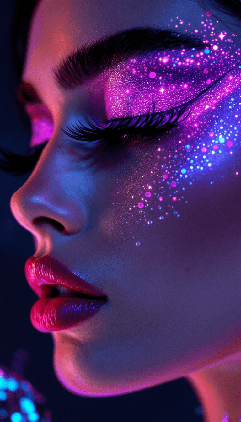 AI generated: a side profile angle photo of a model with thick super long dramatic eyelashes, neon purple eye make...