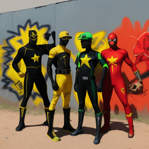 AI generated: WE ARE SEEING FIVE DIFFERENT BLACK AFRICAN MALES IN A RED, BLUE, YELLOW, GREEN, BLACK SPANDEX SUITS,...