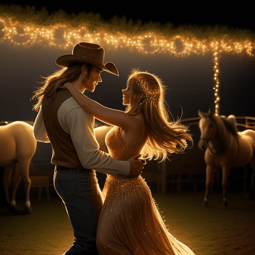 AI generated: a cowboy dancing with his girl under fairy lights at sunset and horse in the back
