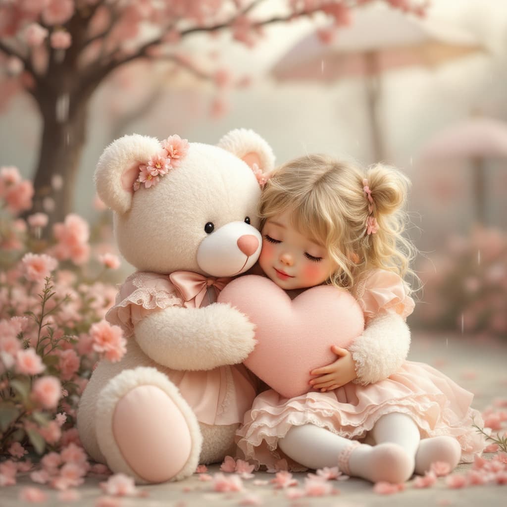 AI generated: A cute young girl with light blonde hair and rosy cheeks, around 5-7 years old, hugs a teddy bear. T...