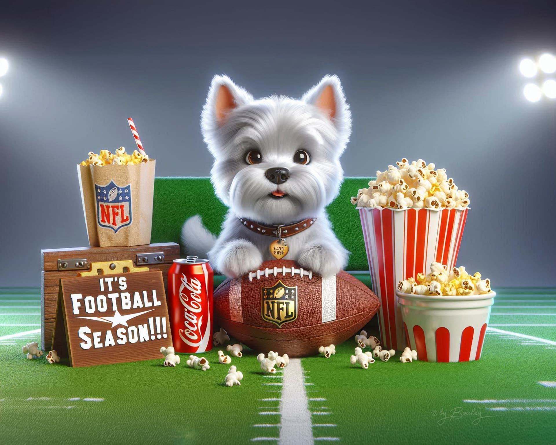 AI generated: 3D Pixar West Highland White Terrier sitting on a football field with NFL football, a can of Coca Co...