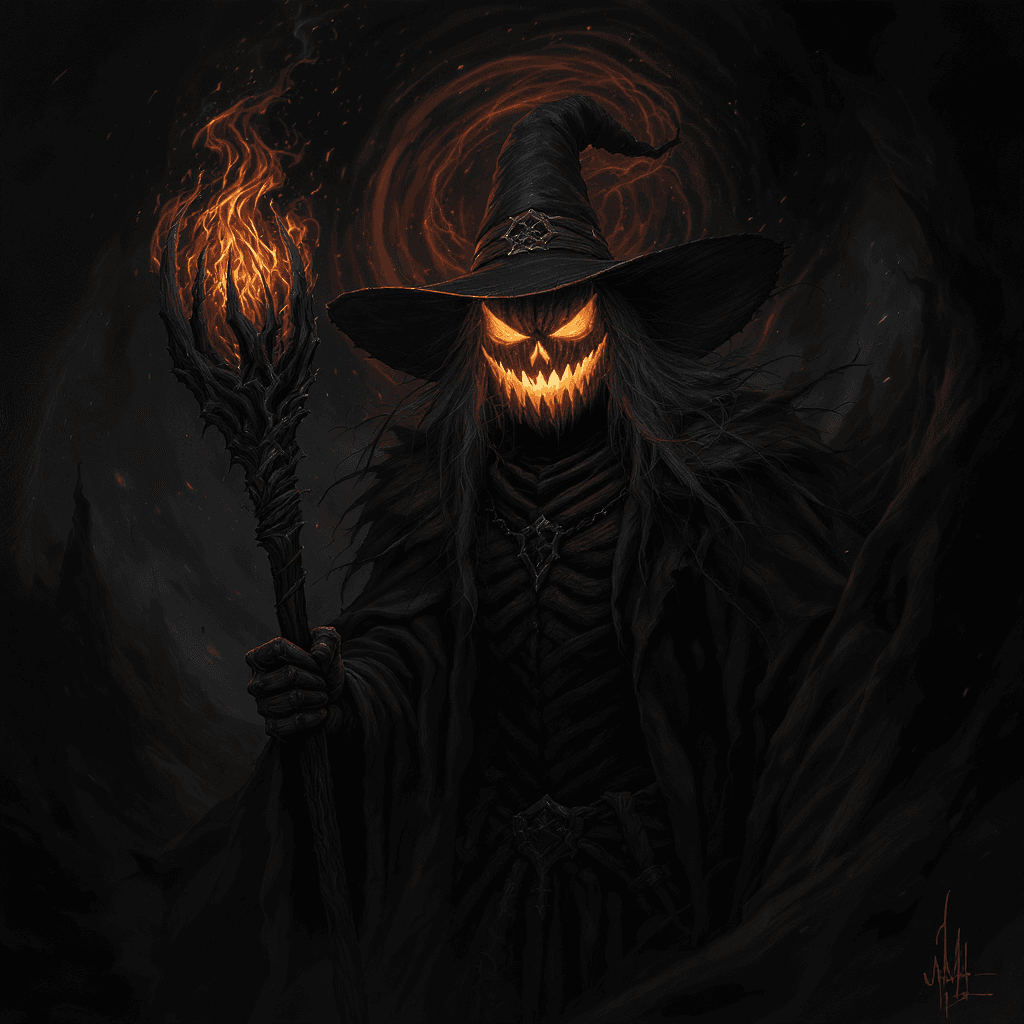 AI generated: A sinister witch with flaming jack-o’-lantern head and dark aura