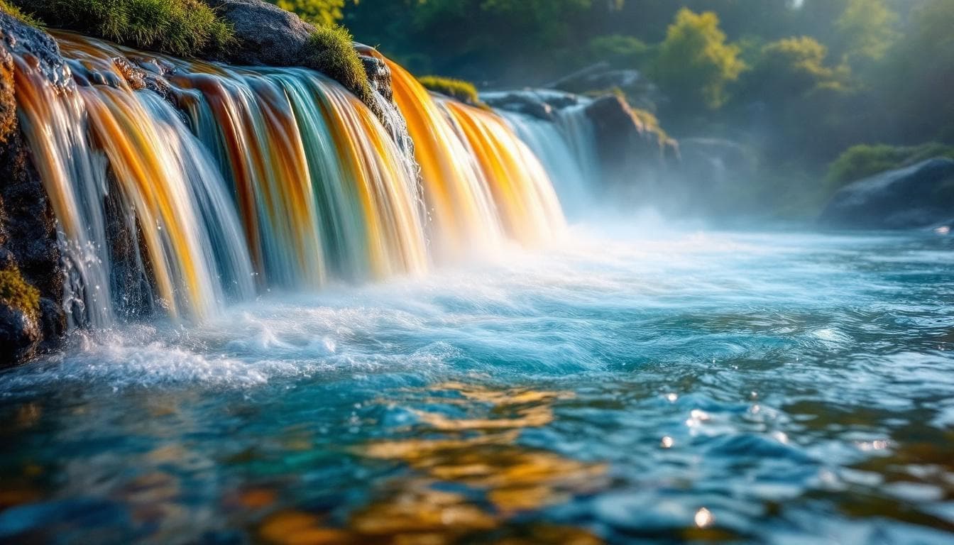 AI generated: Photorealistic nature photography. Close-up. Multicolored waterfall cascades down rocks. Macro photo...