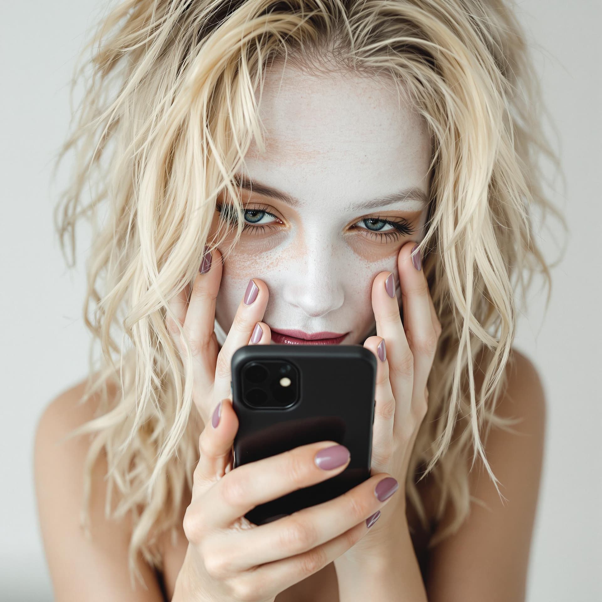 AI generated: white skin blonde with skinny hot face covers her face with phone