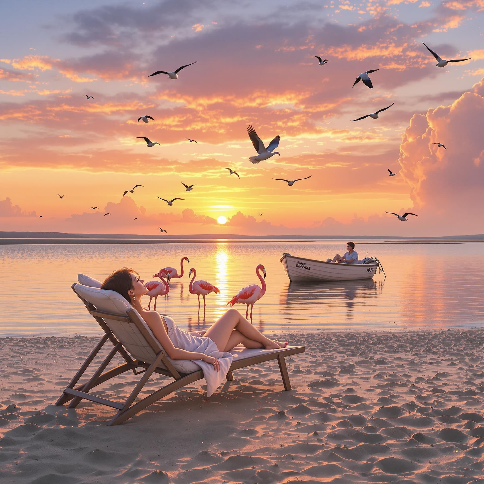 AI generated: schöne & Stunning Korean Frau,

**Sonnenuntergang am Strand mit Liege und Vögeln – Bildbeschreibung ...