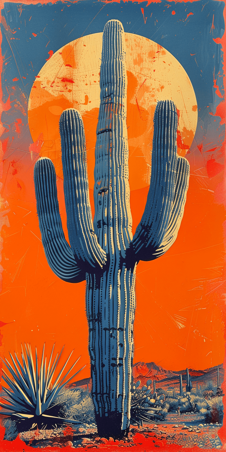 AI generated: Risograph print of a cactus, simple linocut style, with a colorful background and an orange and blue...