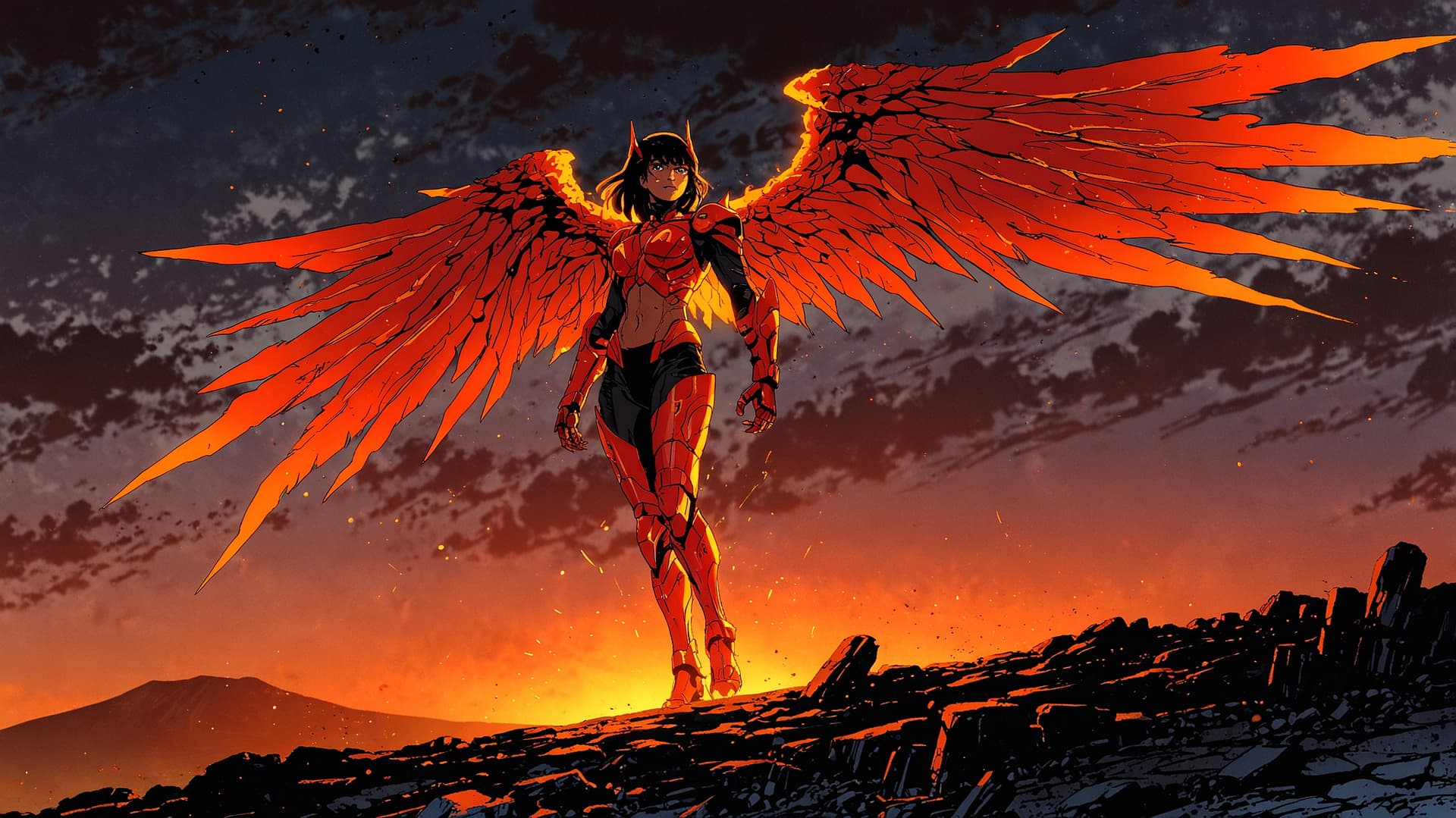 AI generated: High-fantasy digital artwork featuring a powerful, armored female warrior with glowing, fiery wings....