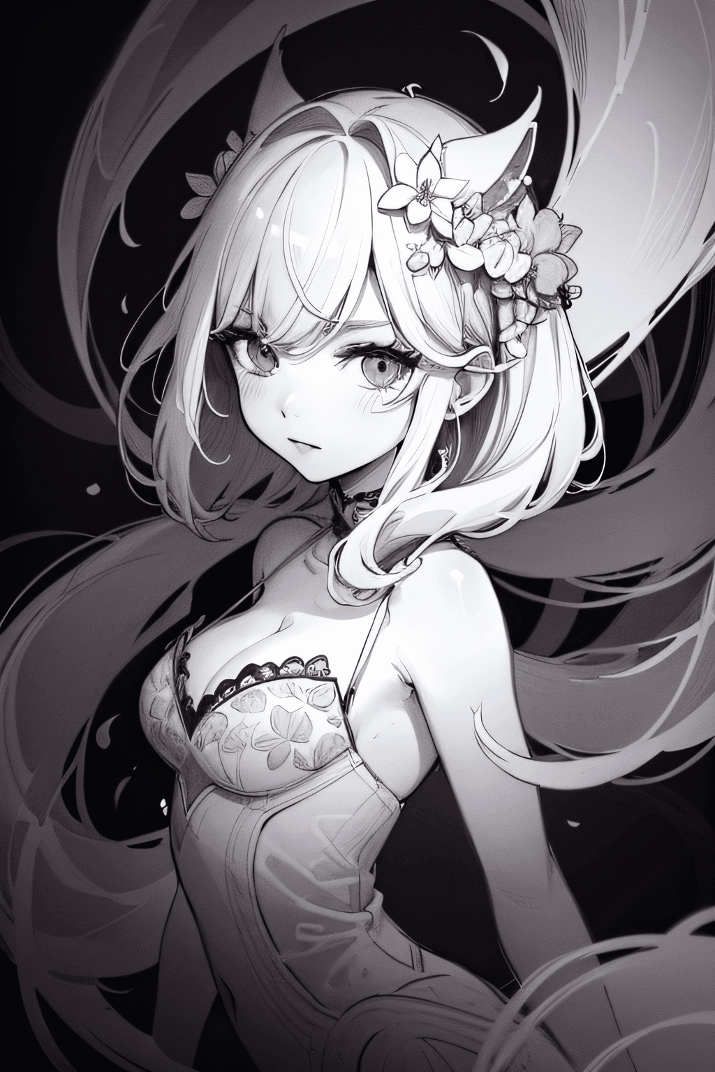 AI generated: DanniShinayaLuo, sketch of a woman symbolizing spring, color, mysterious swirling shapes, art