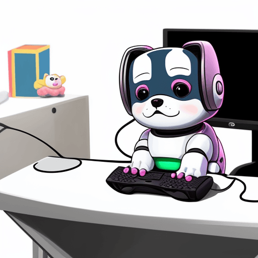 AI generated: cute chubbby robotic cartoon dog playing a video game on a computer while sitting at the computer de...
