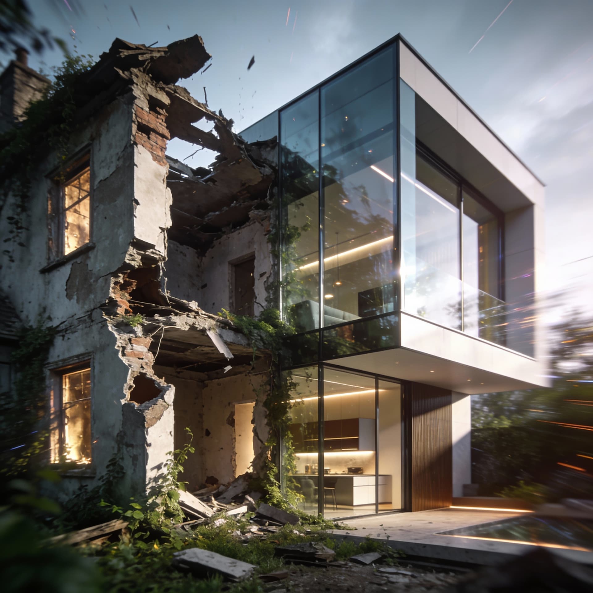 AI generated: "Hyper fast timelapse renovation of a house from ruined to modern in seconds, smooth magical rebuild...