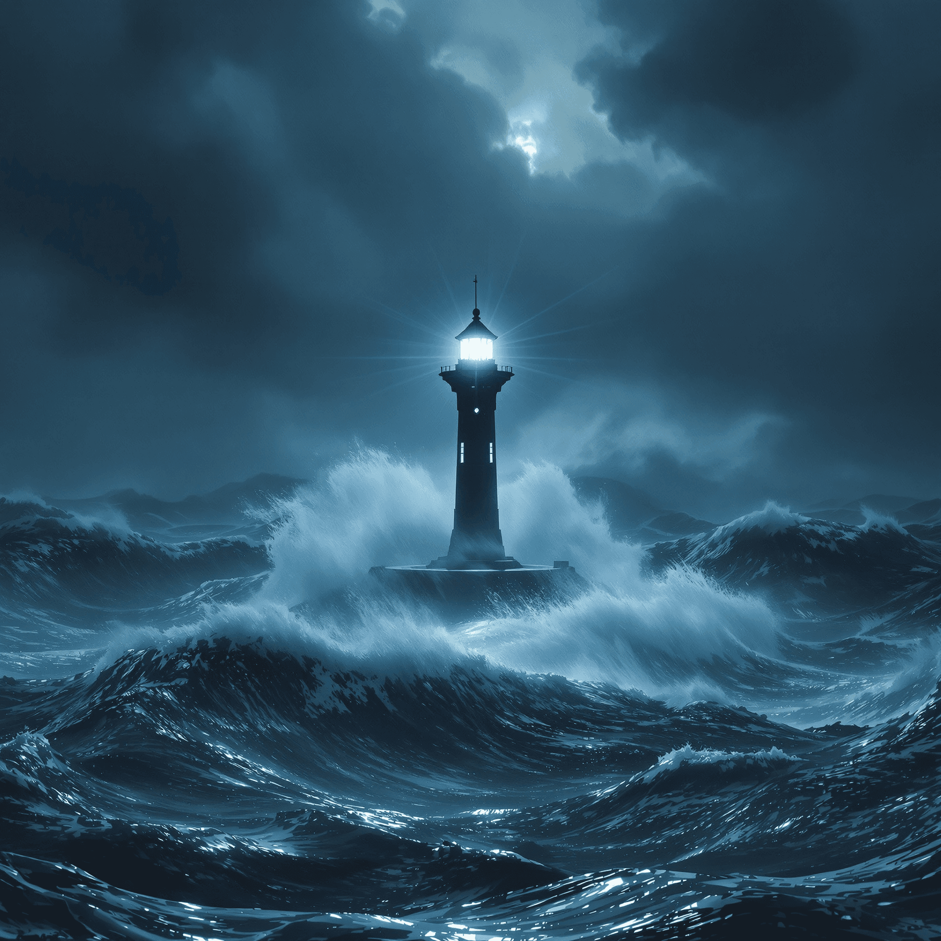AI generated: minimalist sci-fi, solitary lighthouse stands sentinel amidst swirling storm, massive waves crash ag...
